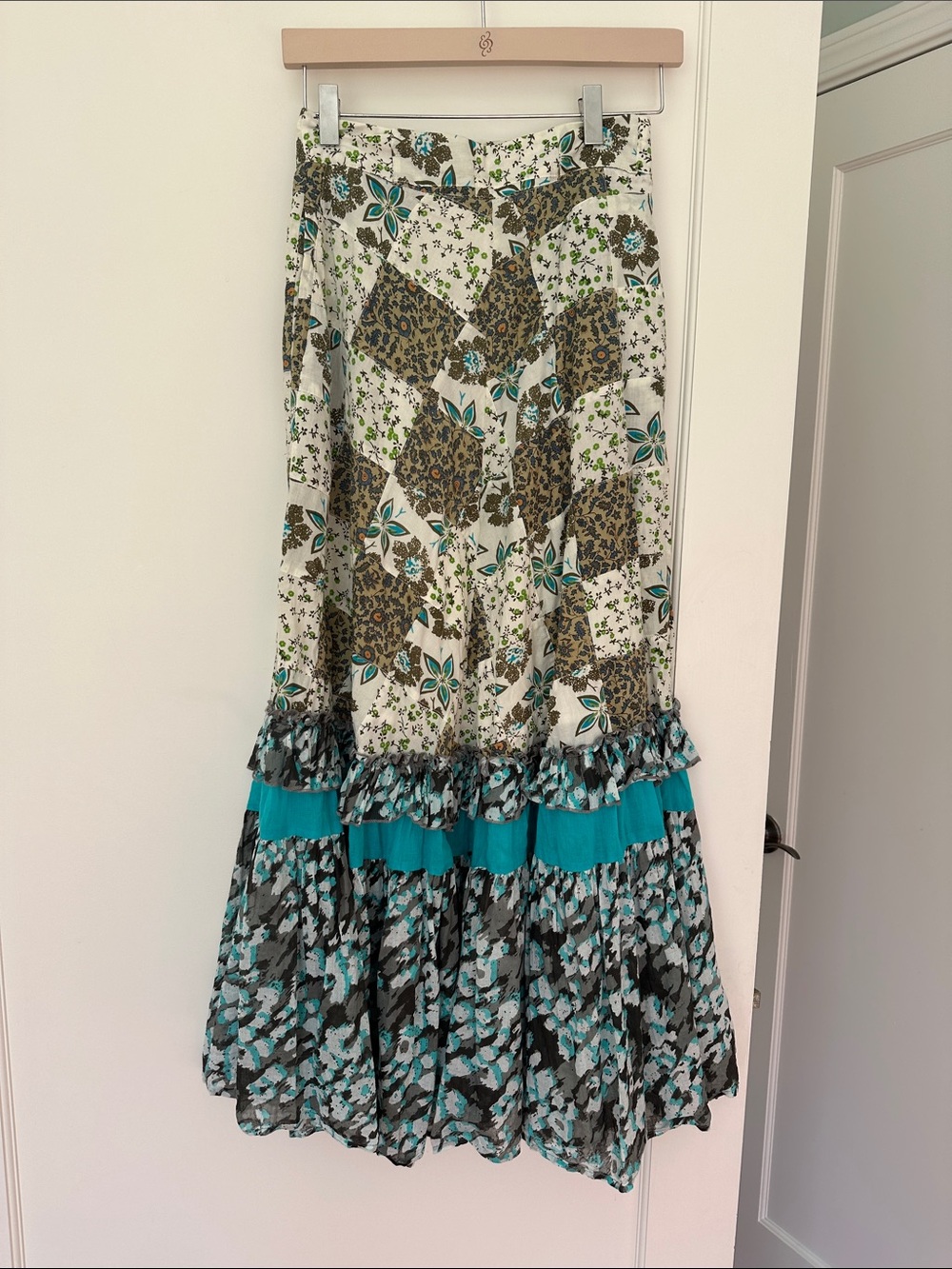 Anthropologie Patchwork Floral Tiered pockets lined Maxi Skirt in Teal, Ivory,